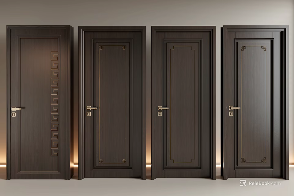 Dark Brown Wooden Hinged Doors With Carved Panel Designs And Soft Side Lighting For Interior Spaces 3d model 
