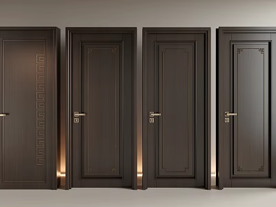 Dark Brown Wooden Hinged Doors With Carved Panel Designs And Soft Side Lighting For Interior Spaces 3d model
