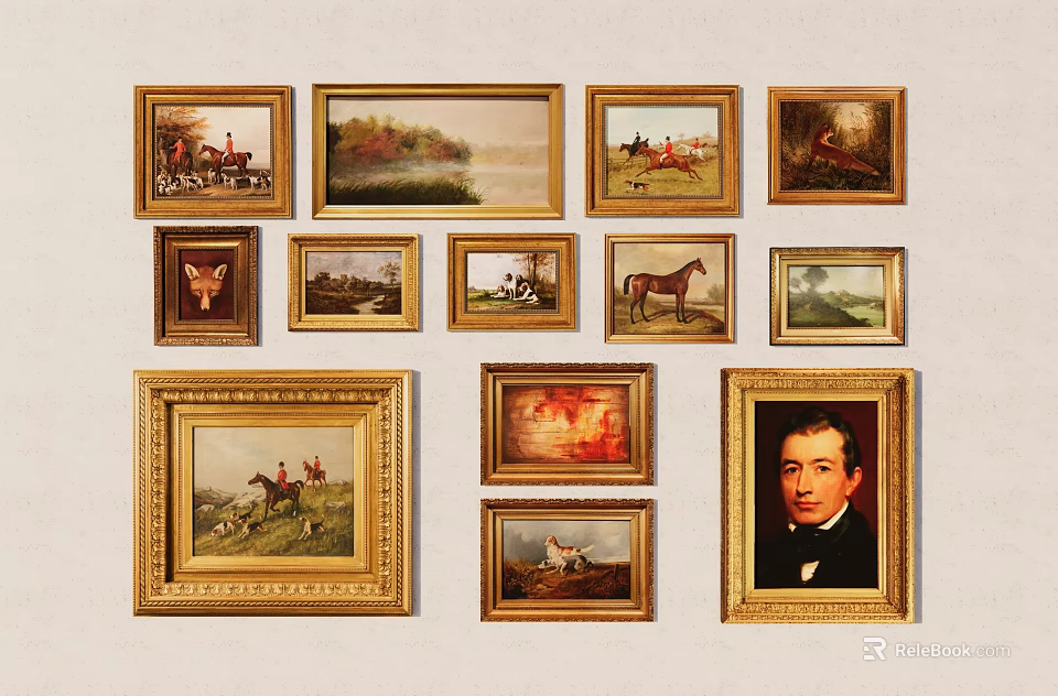 Collection Of Various Themed Paintings In Golden Frames On Wall 3d model 