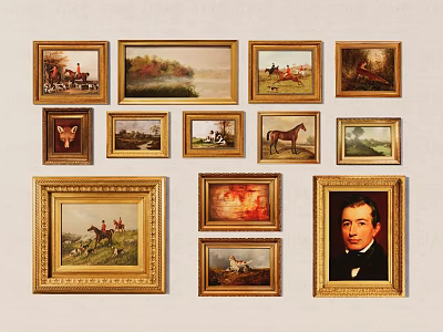 Collection Of Various Themed Paintings In Golden Frames On Wall 3d model