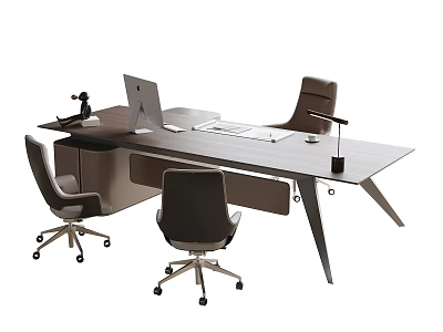 Modern Sleek Office Desk Workspace With Laptop Ergonomic Chairs And Desk Lamp 3d model
