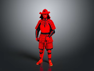 Man in Full Body Red Traditional Samurai Armor Standing on Neutral Background 3d model