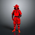 Man in Full Body Red Traditional Samurai Armor Standing on Neutral Background