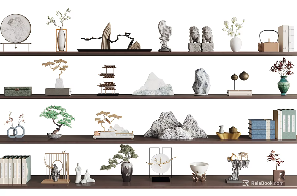 Zen Style Decorative Ornament Set with Mountain Shaped Stone Pine and Vase on Shelf 3d model 