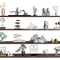 Zen Style Decorative Ornament Set with Mountain Shaped Stone Pine and Vase on Shelf