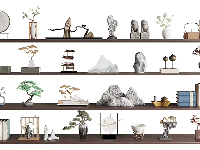 Zen Style Decorative Ornament Set with Mountain Shaped Stone Pine and Vase on Shelf 3d model