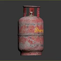 Red Gas Cylinder With Worn Surface And Yellow Writing As Household Item