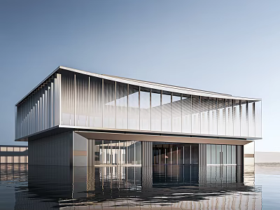 Modern Glass Building On Water With Reflective Facade And Open Structure 3d model