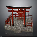 Traditional Japanese Red Torii Gate Featuring Black Top Red Fences And Stone Platform With Steps
