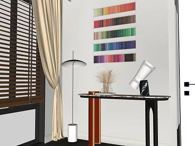 Modern Entryway Cabinet Sideboard With Beige Curtains Wooden Blinds Floor Lamp And Colorful Striped Art 3d model