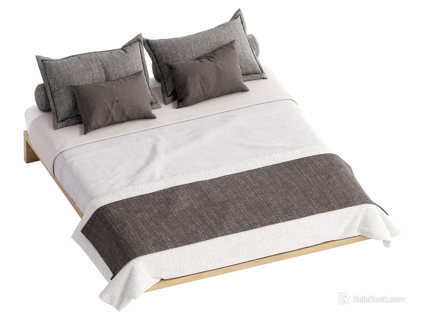 Cozy Double Bed with Wooden Frame White and Gray Bedding and Pillows 3d model 