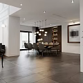 Modern Living Room Interior With Dining Table Chairs Pendant Lights And Piano