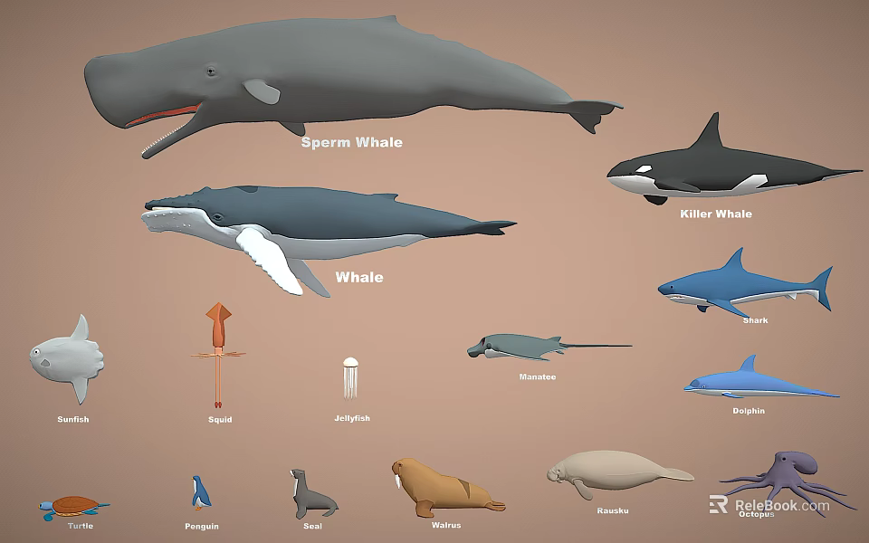 Various Marine Animals With Sperm Whales Dolphins Penguins Seals And Walruses 3d model 