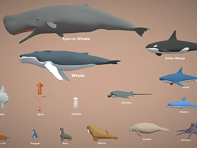 Various Marine Animals With Sperm Whales Dolphins Penguins Seals And Walruses 3d model