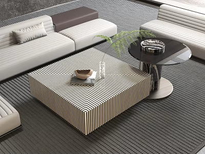 Modern Coffee Table With Black White Stripe Design In Living Room Near Sofa And Decor Items 3d model