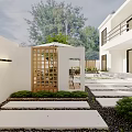 Modern Garden Design With Outdoor Dining Table Umbrella And Green Plants