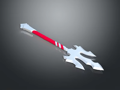 Red Handle Silver Head Weapon With White Stripes And Sharp Trident Prongs 3d model