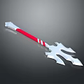 Red Handle Silver Head Weapon With White Stripes And Sharp Trident Prongs