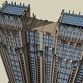 Twin Modern Classical High Rise Building Exterior With Glass Windows And Podium Base