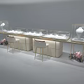 Modern Display Shelves With White Gold Glass Cases Chairs And Pink Flowers