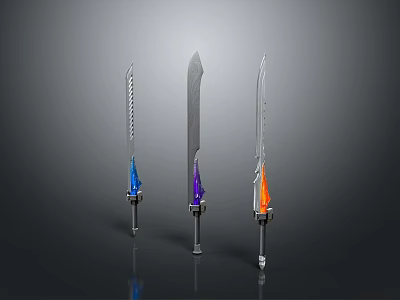 Fantasy Swords With Three Different Colorful Hilts Blue Purple Orange And Silver Blades 3d model