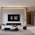Modern Open Dining and Living Room Interior With Gray Cabinets Wooden Table And Leather Chairs