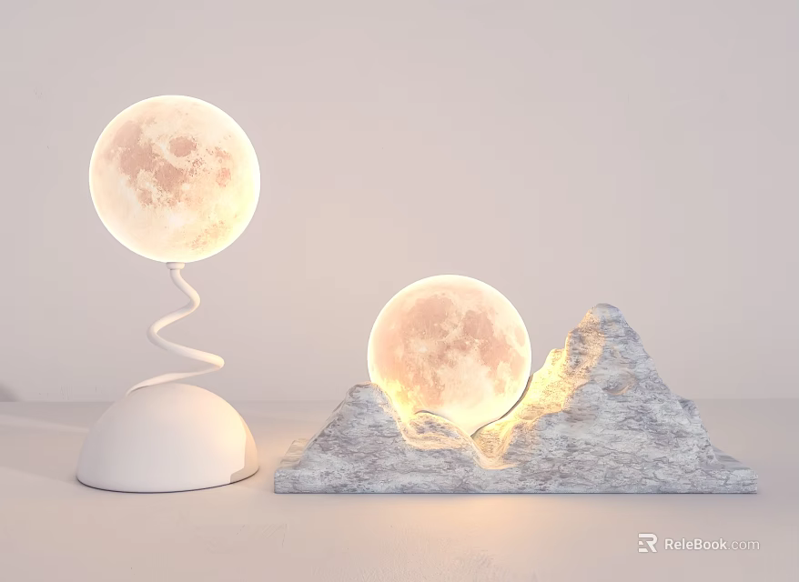 Illuminated Moon Shaped Table Lamps With Spiral Stand And Mountain Base Design 3d model 