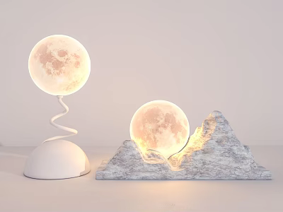 Illuminated Moon Shaped Table Lamps With Spiral Stand And Mountain Base Design 3d model
