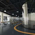 Modern Fitness Gym Interior With Treadmills Weight Benches Training Markings Glass Partitions And Black Floor