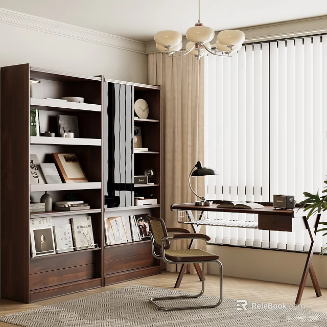 Modern Study Room Interior With Wooden Bookshelf Writing Desk Table Lamp And Venetian Blinds 3d model 