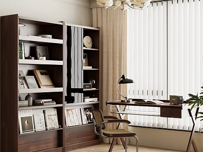 Modern Study Room Interior With Wooden Bookshelf Writing Desk Table Lamp And Venetian Blinds 3d model
