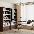 Modern Study Room Interior With Wooden Bookshelf Writing Desk Table Lamp And Venetian Blinds