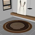 Brown and Beige Woven Round Carpet In Interior With Window Wall Art And Wooden Shelf