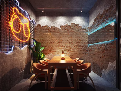 Private Room Interior With Neon Light Decoration Brick Wall Long Wooden Table Orange Chairs Plant 3d model