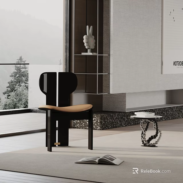 Modern Dining Chair With Black Frame And Tan Seat In Contemporary Living Space 3d model 