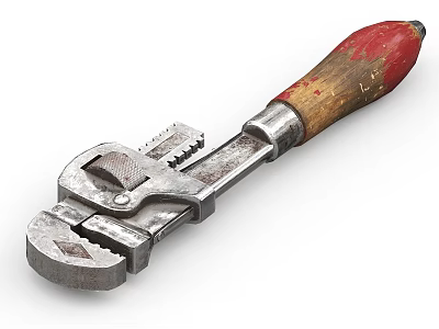 Durable Adjustable Wrench Hardware Tool With Red Wooden Handle And Metal Body 3d model