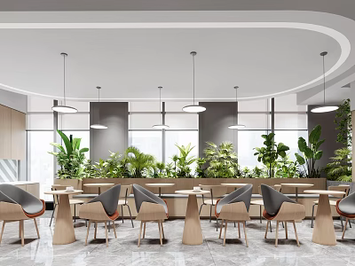 Modern Bright Lounge Area Interior With Large Windows Hanging Lights Green Plants And Tables 3d model