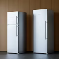 Two Modern White Refrigerators With Sleek Design Against Wooden Wall