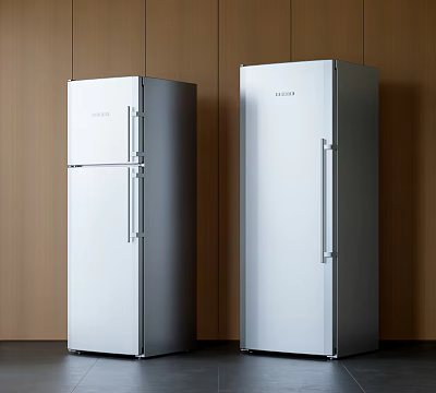 Two Modern White Refrigerators With Sleek Design Against Wooden Wall 3d model