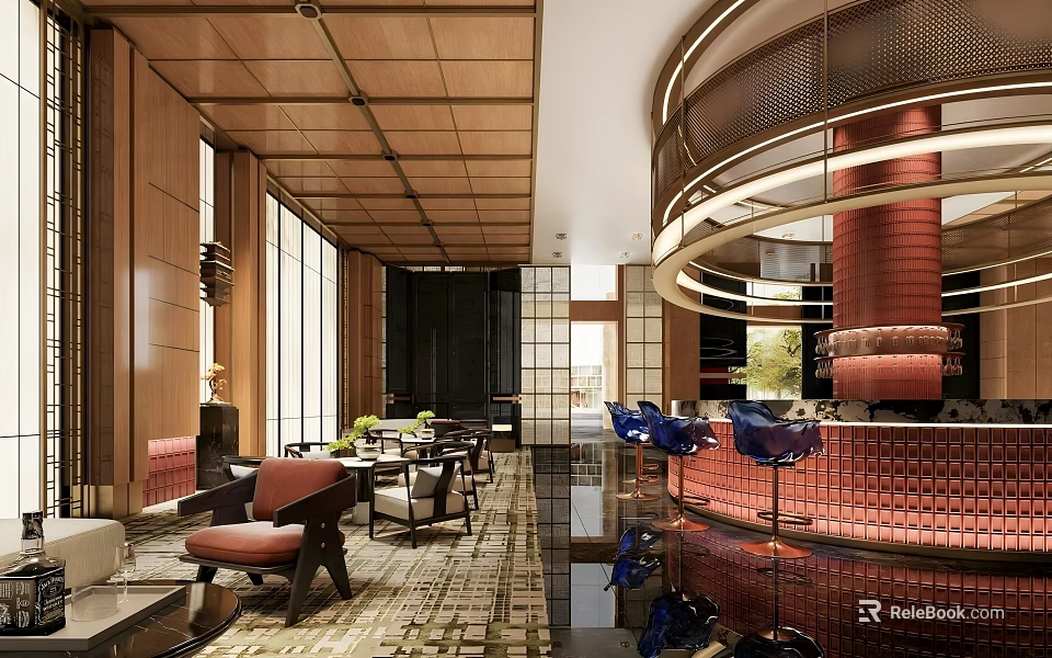 Luxurious Hotel Lobby Interior With Wooden Ceiling Comfortable Seating And Modern Lighting 3d model 