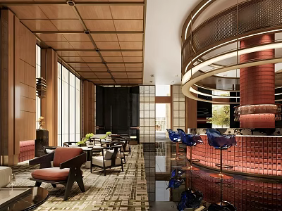 Luxurious Hotel Lobby Interior With Wooden Ceiling Comfortable Seating And Modern Lighting 3d model