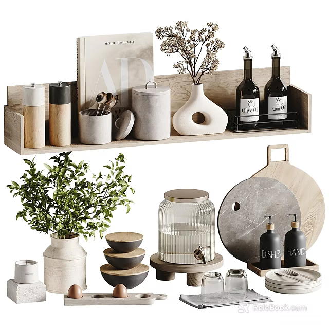 Ornamental Decor Set with Wooden Shelf Vase Bottles Jars Bowls Tray and Green Plant 3d model 