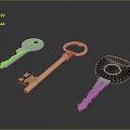Set of Three Different Keys Including Blue Golden and Black Handled on Dark Surface