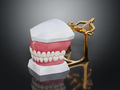 Dental Model With White Teeth Pink Gums And Gold Metal Frame On White Base 3d model