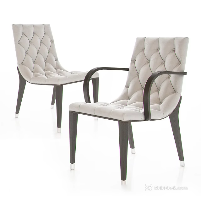 Modern Light Gray Armchairs With Diamond Tufted Design Dark Wood Arms And Legs 3d model 