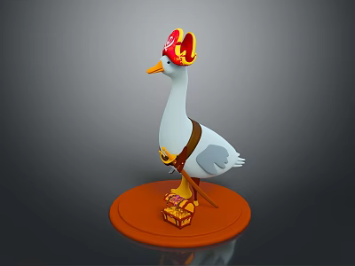 Cartoon Goose In Red Hat Yellow Accents Brown Belt On Orange Base With Treasure Chest 3d model