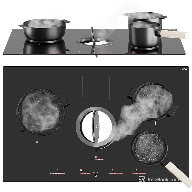 Modern Kitchen Interior With Black Cooktop Pans Steam And Cabinets 3d model 