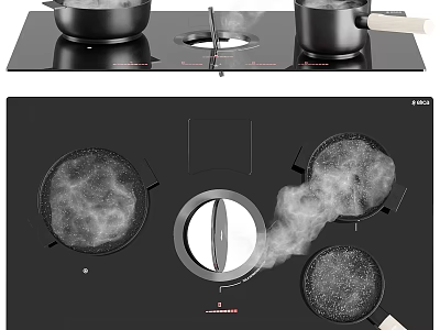 Modern Kitchen Interior With Black Cooktop Pans Steam And Cabinets 3d model