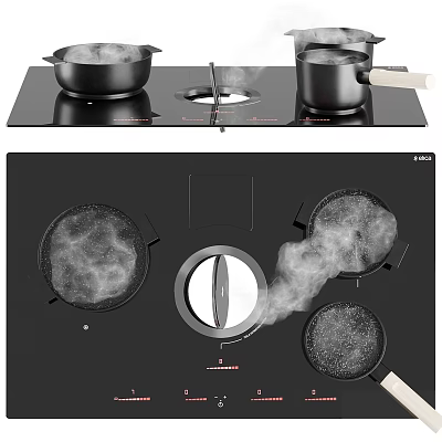 Modern Kitchen Interior With Black Cooktop Pans Steam And Cabinets 3d model