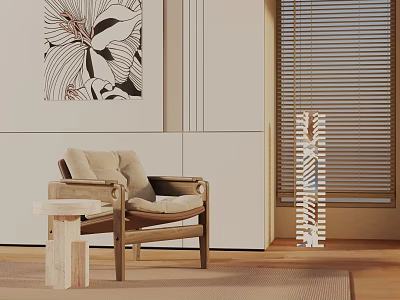 Warm Modern Interior With Lounge Chair Side Table Wooden Blinds And Floral Wall Art 3d model